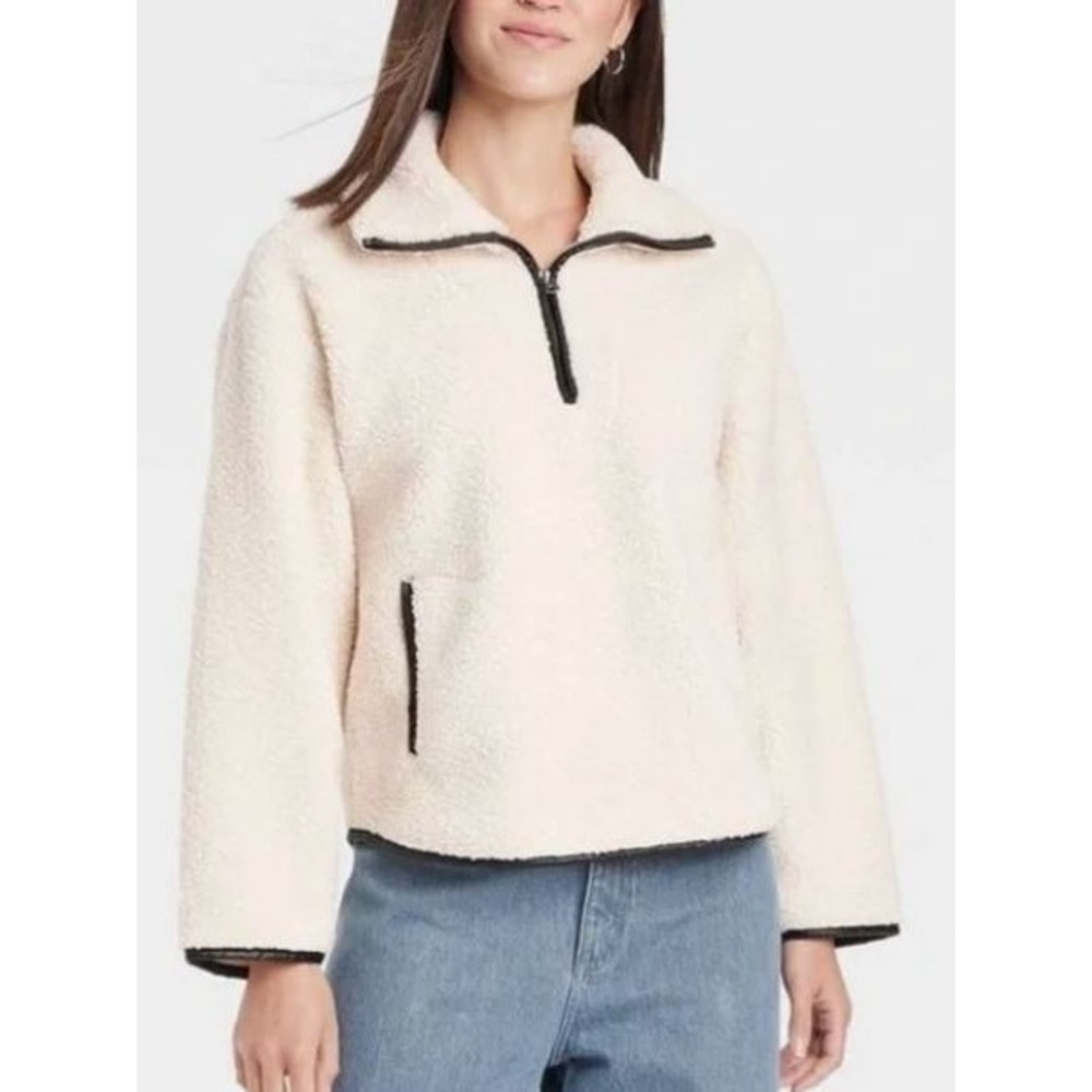 Forgotten Grace Faux Shearling 1/4 Zip Sherpa Pullover in Ivory/Black XLarge $79
